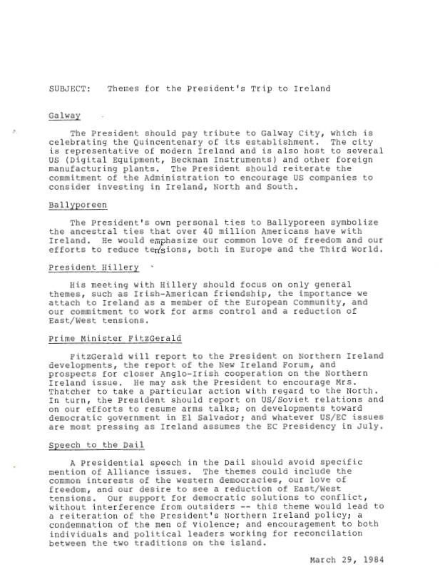 Subject: Themes for the President’s Trip to Ireland, dated 03/29/1984, Martin, William F.: Files RAC Box 11 June Trip: Scene Setter and Annotated Agenda (2 of 5)