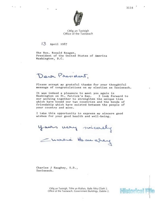 Letter, From: Charles J. Haughey, T.D., Taoiseach, To: The Hon. Ronald Reagan, President of the United States of America, WHORM Subject File CO073 (Countries: Ireland) case file 478303