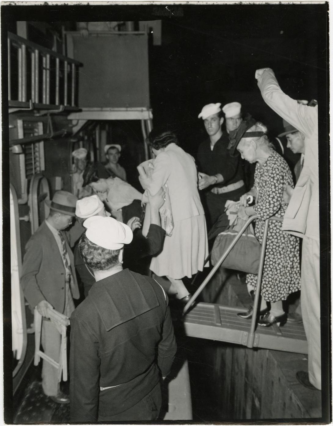 Japanese of the reserve "pool" who were not taken aboard are returned to Ellis Island by the Coast Guard Produced: September 2, 1943 Repatriates, SS Gripsholm, Japanese Repatriation Activities and the S.S. Gripsholm 1943-1944 Record Group 59 General Records of the Department of State 1763-2002. NAID: 488744731
