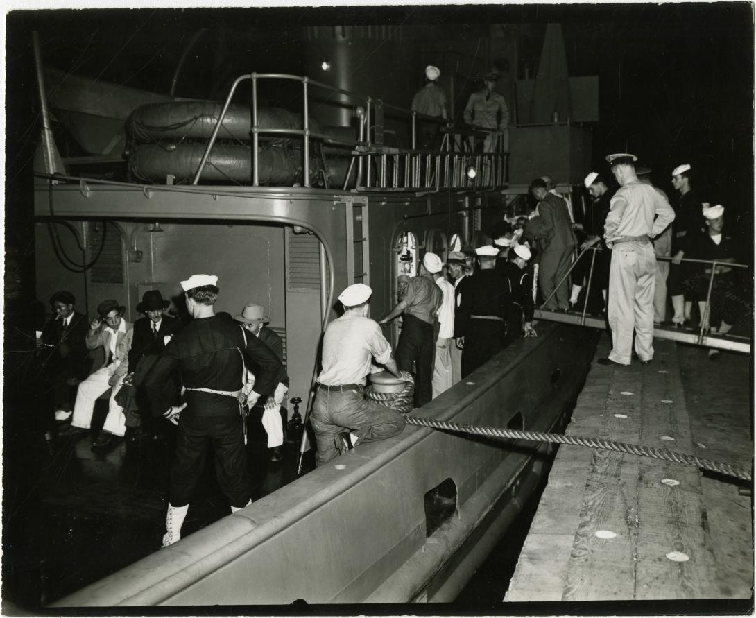 Japanese of the reserve "pool" who were not taken aboard are returned to Ellis Island by the Coast Guard Produced: September 2, 1943 Repatriates, SS Gripsholm, Japanese. Repatriation Activities and the S.S. Gripsholm 1943-1944 Record Group 59 General Records of the Department of State 1763-2002. NAID: 488744735