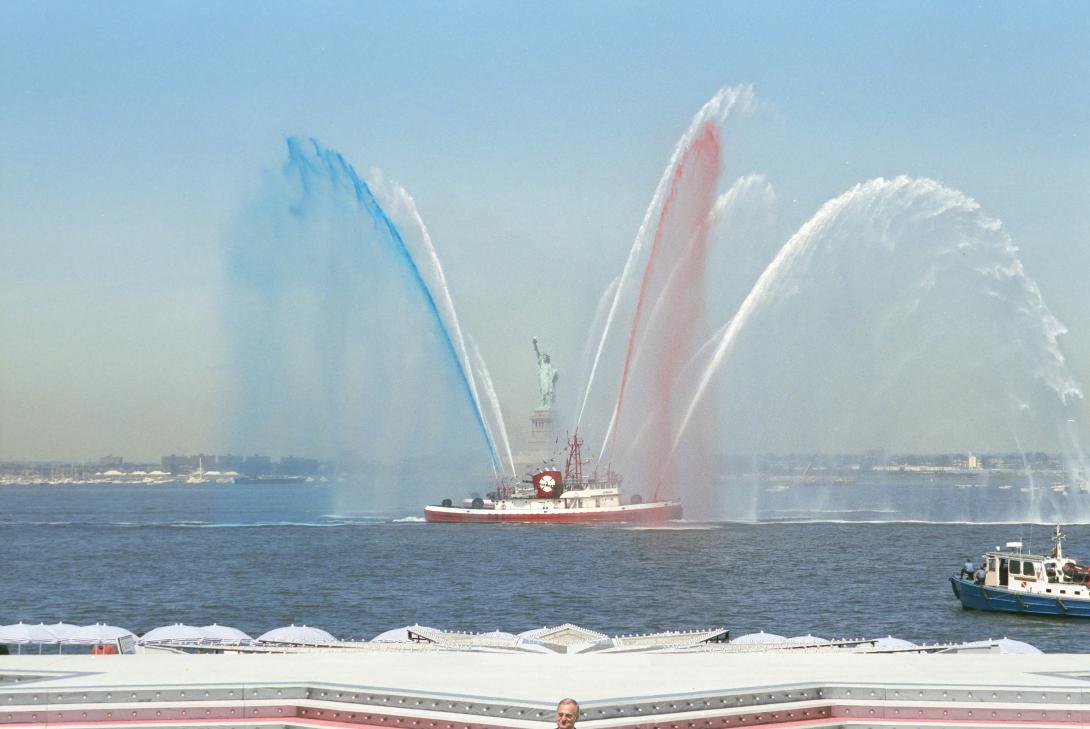 New York City Fire Department fireboat passing the Statue of Liberty 07/04/1986