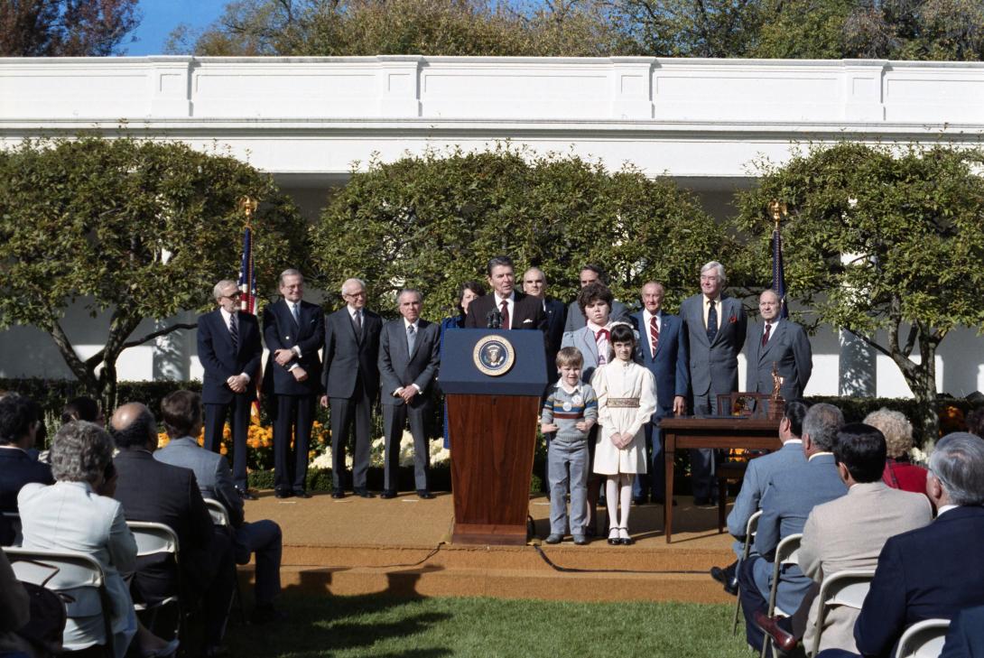 President Ronald Reagan delivering his Remarks on Signing the Bill Designating the Centennial Year of Liberty in the United States in the Rose Garden 10/28/1985