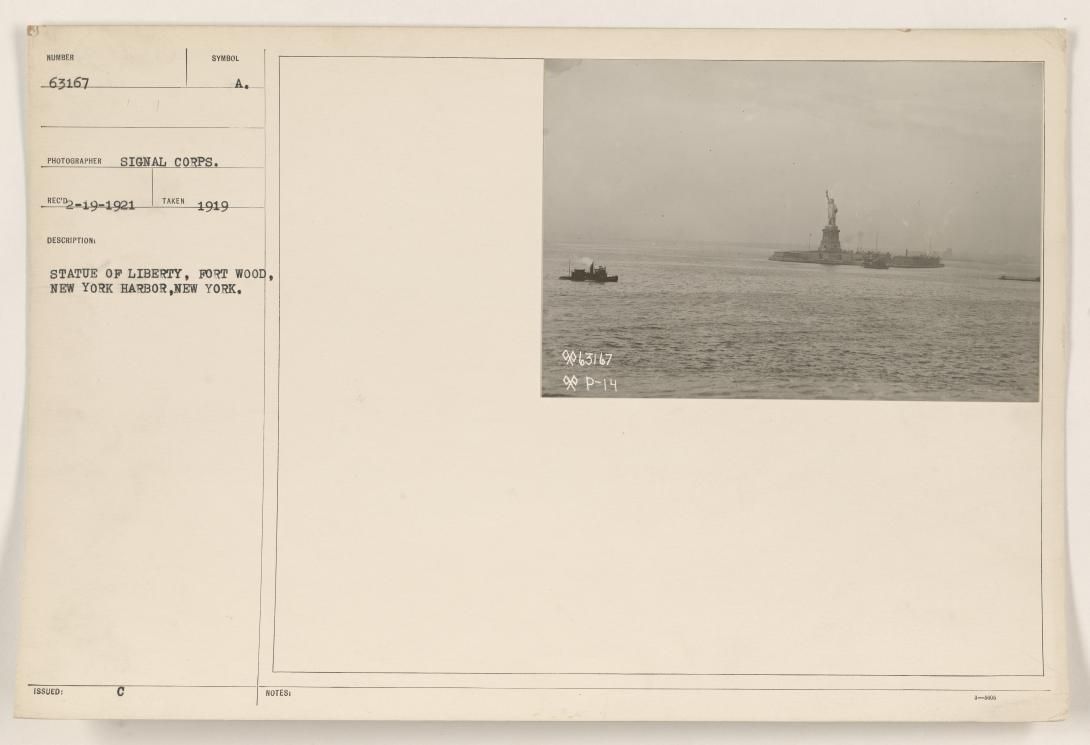 Statue of Liberty, Fort Wood, New York Harbor, New York Produced: 1919 Photographs of American Military Activities ca. 1918-1981 Record Group 111 Records of the Office of the Chief Signal Office 1860-1985 NAID: 86731065
