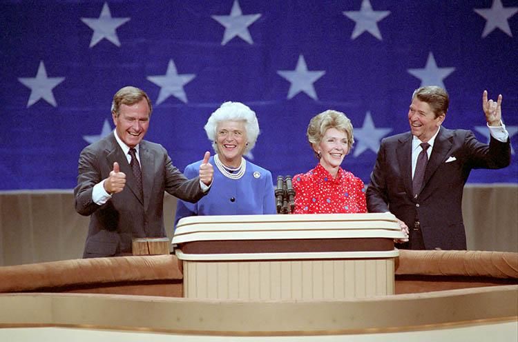 President Ronald Reagan, Nancy Reagan, Vice President George Bush, and Barbara Bush at the Republican National Convention in Dallas, Texas 08/23/1984