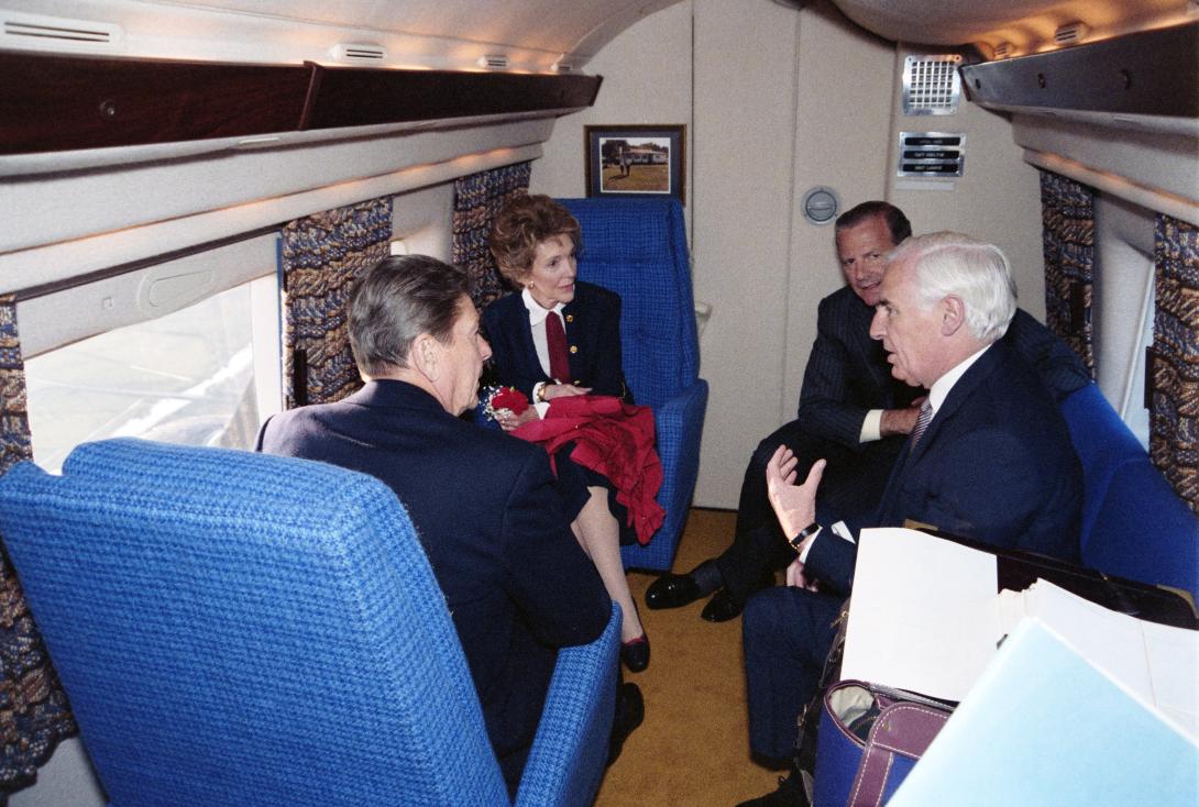 President Ronald Reagan, Nancy Reagan, Chief of Staff James Baker, and Minister for Foreign Affairs Peter Barry aboard Marine One heading to Ashford Castle, County Mayo, Ireland, 06/01/1984