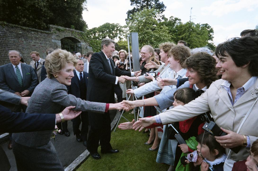 President Ronald Reagan and Nancy Reagan greeting members of the U.S. Embassy staff at Deerfield Residence, the United States Ambassador’s Residence in Dublin, Ireland, 06/03/1984