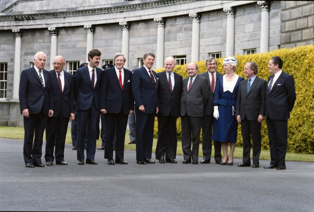 President Ronald Reagan and Prime Minister Garret FitzGerald of Ireland during a photo opportunity outside Leinster House in Dublin, Ireland, 06/04/1984