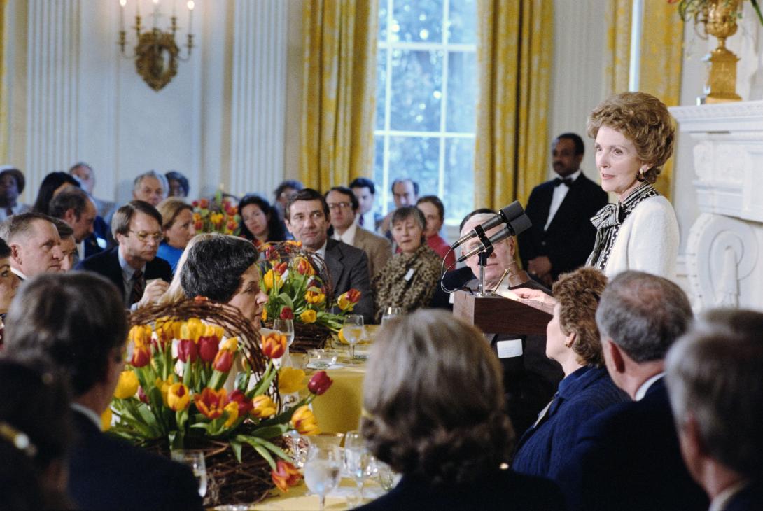 Nancy Reagan delivering remarks at the podium during the White House Conference on Drug Abuse and Families C06985-04 dated 03/22/1982