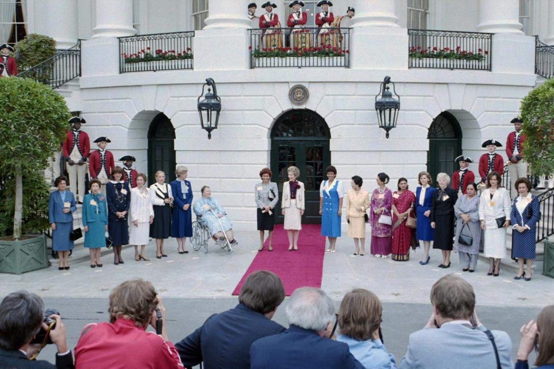 Group shot at the First Ladies Conference on Drug Abuse at the Diplomatic Entrance dated 04/24/1985