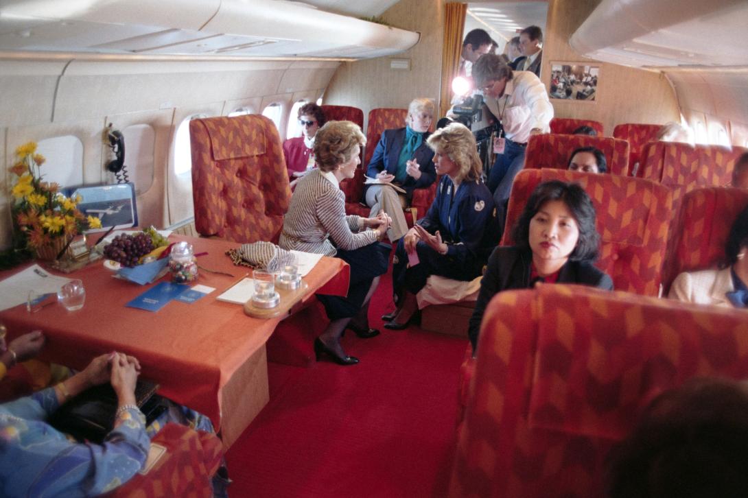 Nancy Reagan participating in an interview with Joan Lunden aboard the First Lady Airplane dated 04/25/1985