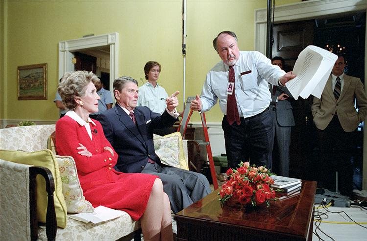 President Ronald Reagan and Nancy Reagan rehearse for their upcoming Address to the Nation on the National Campaign against Drug Abuse with Roger Ailes in the Residence dated 09/14/1986 NAID: 276564403