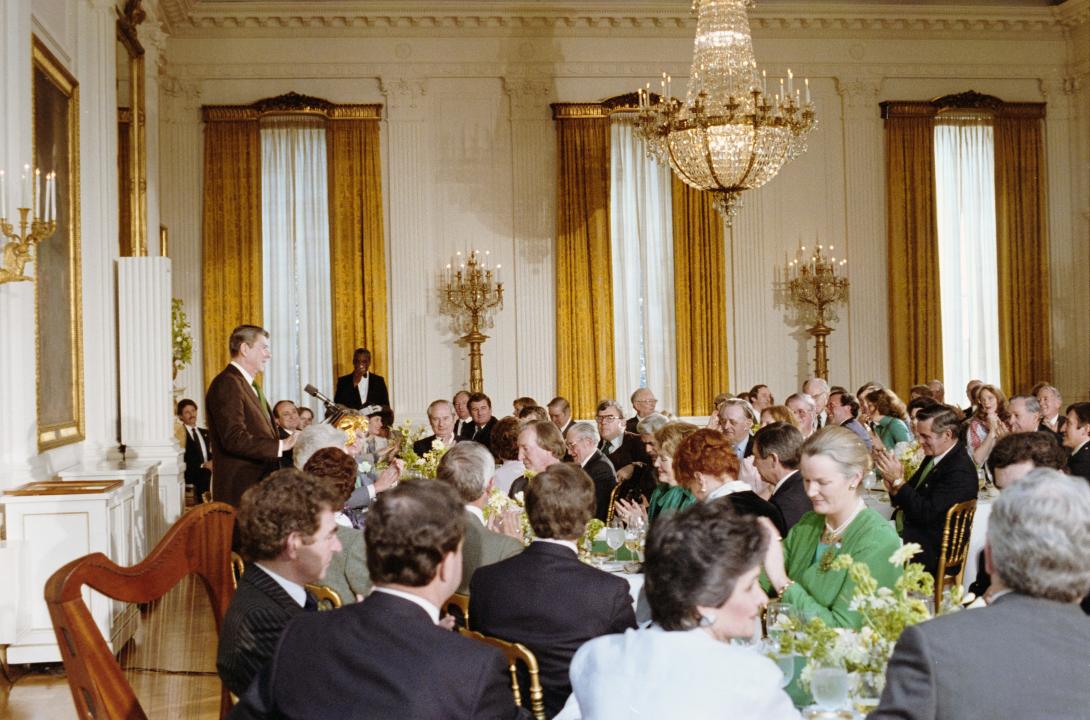 President Ronald Reagan delivering remarks during a luncheon for Prime Minister Charles Haughey of Ireland in the East Room, 03/17/1982