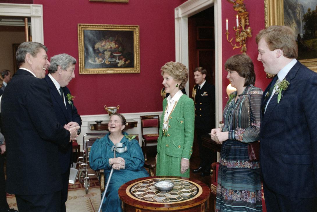 President Ronald Reagan, Prime Minister Garret FitzGerald of Ireland, Joan O’Farrell FitzGerald, and Nancy Reagan in the Red Room before a luncheon in honor of Prime Minister and Mrs. FitzGerald, 03/16/1984
