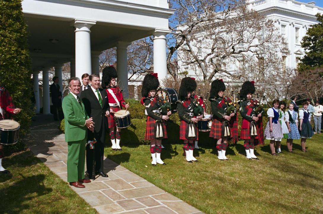 President Ronald Reagan being greeted by Irish bagpipers on St. Patrick’s Day, 03/17/1987