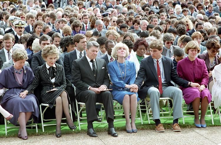 President Ronald Reagan and Nancy Reagan at the memorial service for the crew of the Space Shuttle Challenger at the Johnson Space Center in Houston, Texas. 01/31/1986. C33142-19. NAID: 276564299.