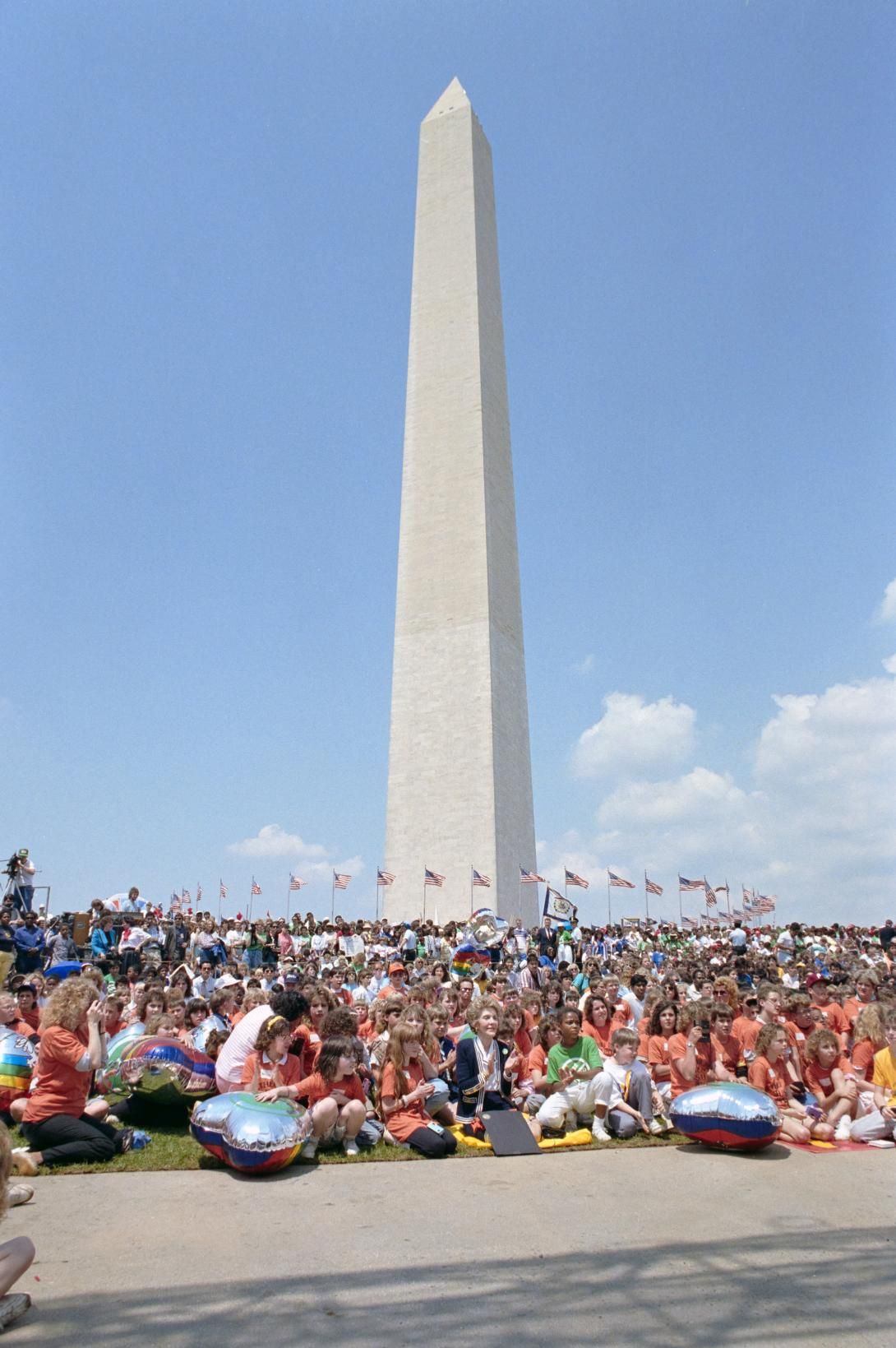Nancy Reagan sitting with children during a “Just Say No” walk at the Washington Monument in Washington, D.C. dated 05/11/1988