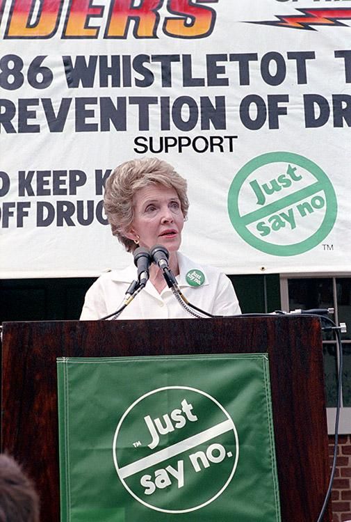 Nancy Reagan delivering remarks at a “Just Say No” rally and picnic at Harpers Ferry, West Virginia dated 09/11/1986