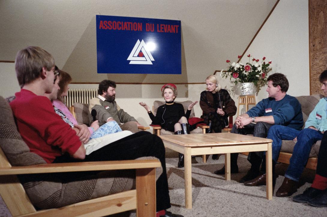 Nancy Reagan visiting the La Picholette Drug Center in Switzerland, 11/19/1985