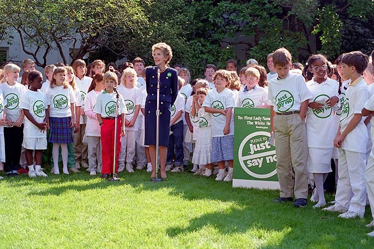 Nancy Reagan delivering remarks at a “Just Say No” rally in the First Lady’s Garden at the White House dated 09/23/1987 NAID: 75855685
