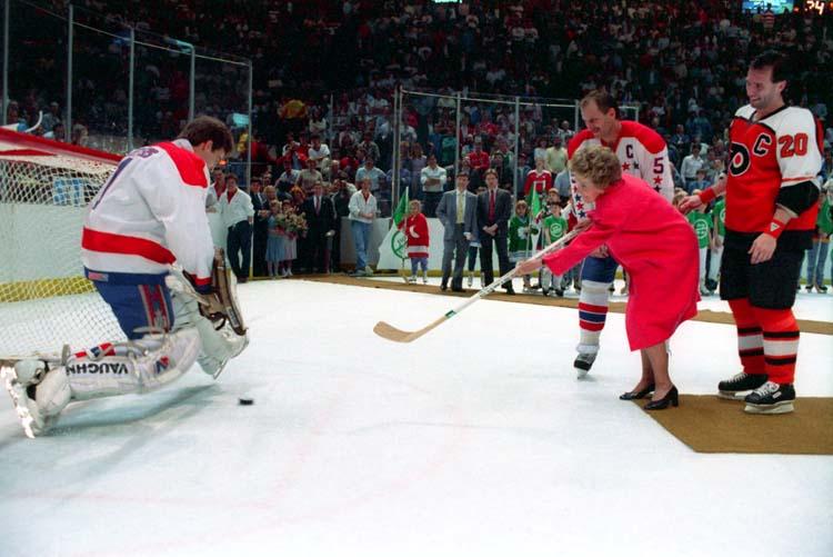 Nancy Reagan shooting a hockey puck while attending a “Just Say No” night for the National Hockey League (NHL) at the Capital Centre in Landover, Maryland dated 03/25/1988 NAID: 75856023