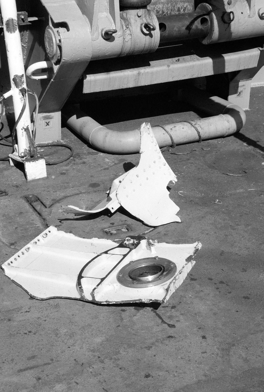 Pieces of Space Shuttle Challenger debris recovered by the crew of the salvage ship USS PRESERVER (ARS 8) Record Group 330: Records of the Office of the Secretary of Defense 1921-2008 Series: Combined Military Service Digital Photographic Files 1982-2007 Produced: February 1, 1986. Local ID: 330-CFD-DN-SN-86-06869. NAID: 6407051.