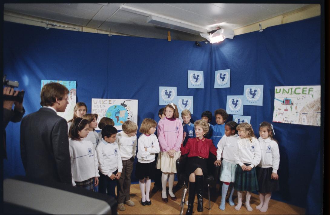 Nancy Reagan participating in a taping for UNICEF (United Nations Children Fund) at the Collège du Léman in Versoix, Switzerland, 11/20/1985