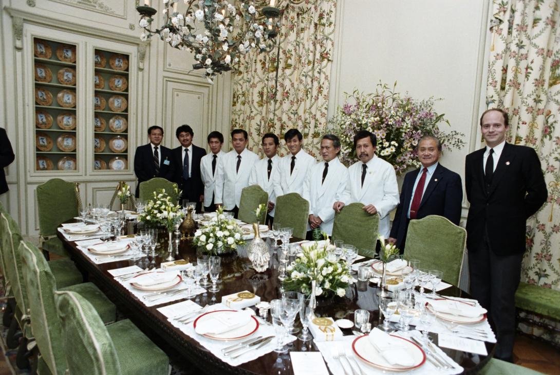 Staff before dinner at Maison de Saussure in Geneva, Switzerland, 11/20/1985