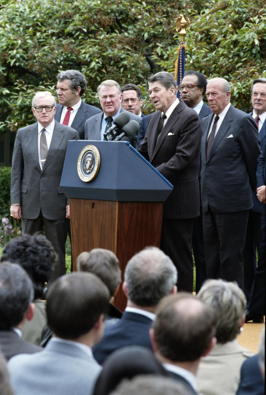 President Ronald Reagan delivering remarks during the signing ceremony for Executive Order 12595, establishing a White House Conference for a Drug Free America dated 05/05/1987