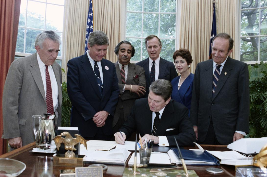 President Ronald Reagan during the signing ceremony for Proclamation 5653 – Just Say No to Drugs Week, 1987 in the Oval Office dated 05/12/1987