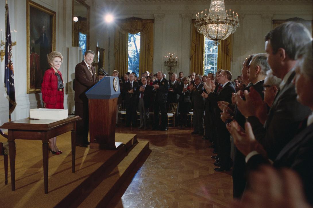 President Ronald Reagan delivering remarks with Nancy Reagan at the signing ceremony for H.R. 5210 the Anti-Drug Abuse Act of 1988 in the East Room dated 11/18/1988