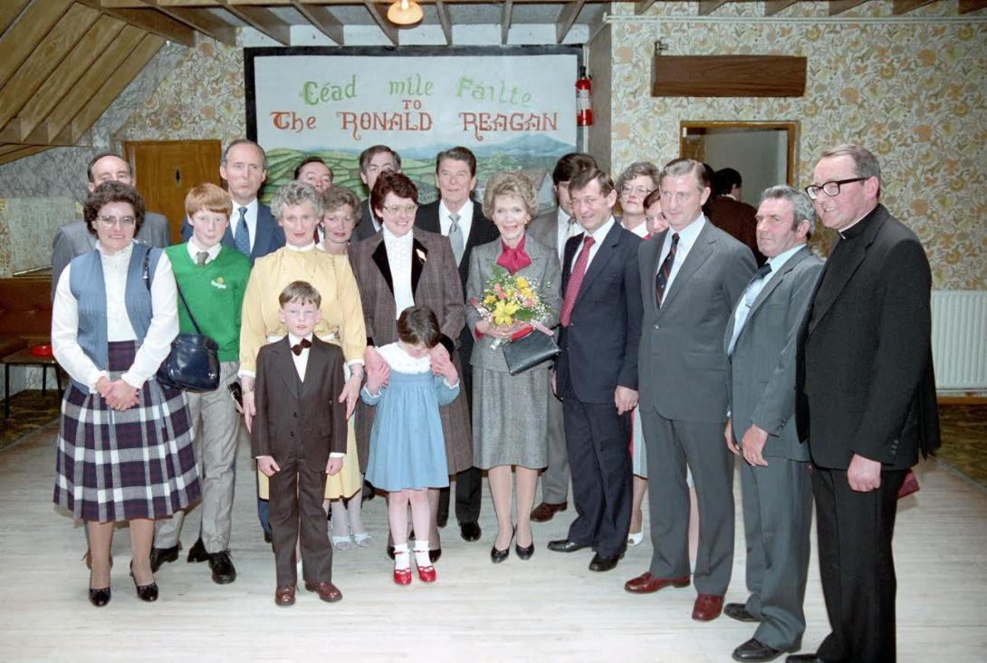 President Ronald Reagan and Nancy Reagan posing for photos during their visit to O’Farrell’s Pub in Ballyporeen, Ireland, 06/03/1984