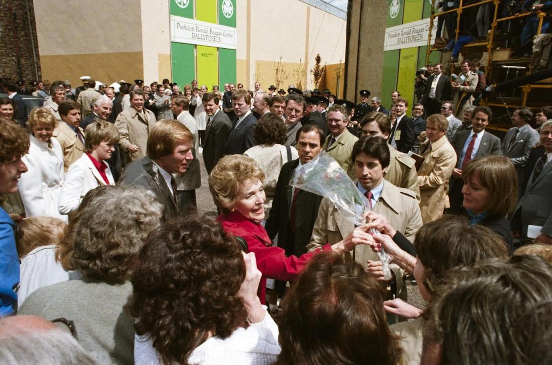 Nancy Reagan walking through the town of Ballyporeen, Ireland, 06/03/1984