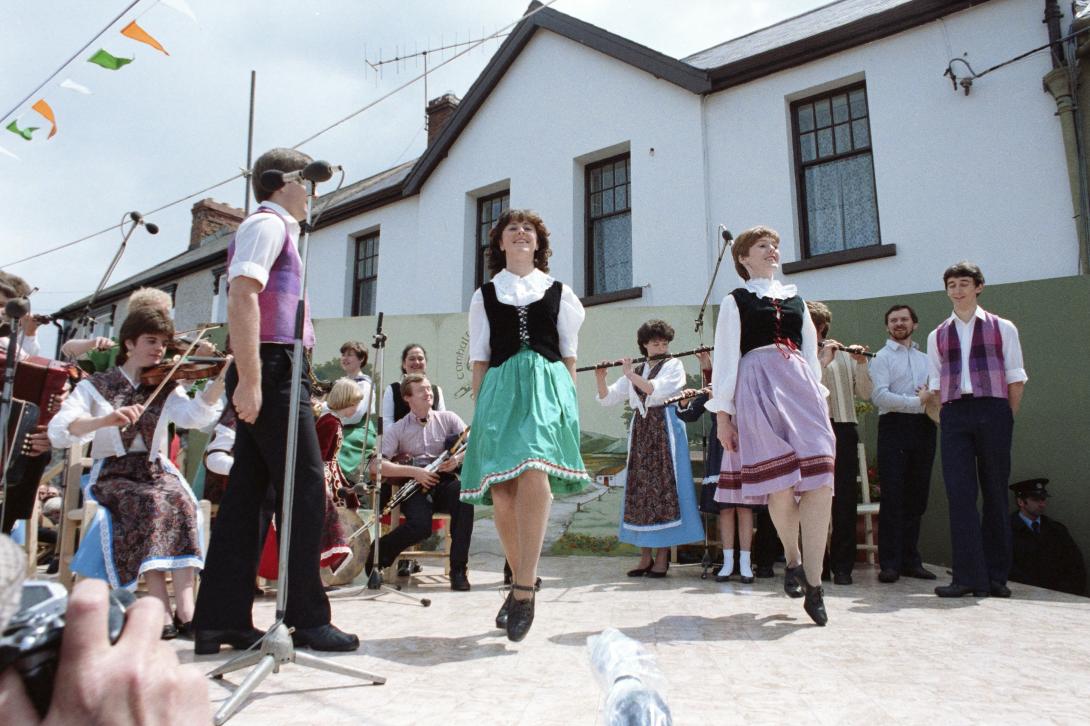 Dancers performing during a cultural performance in the village square in Ballyporeen, Ireland, 06/03/1984