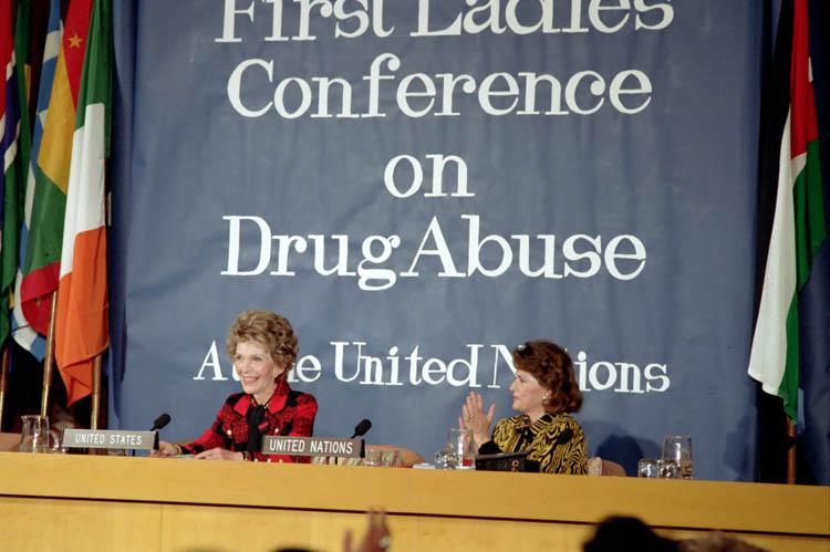 Nancy Reagan delivering remarks at the First Ladies Conference on Drug Abuse at the United Nations dated 10/21/1985 NAID: 75854373