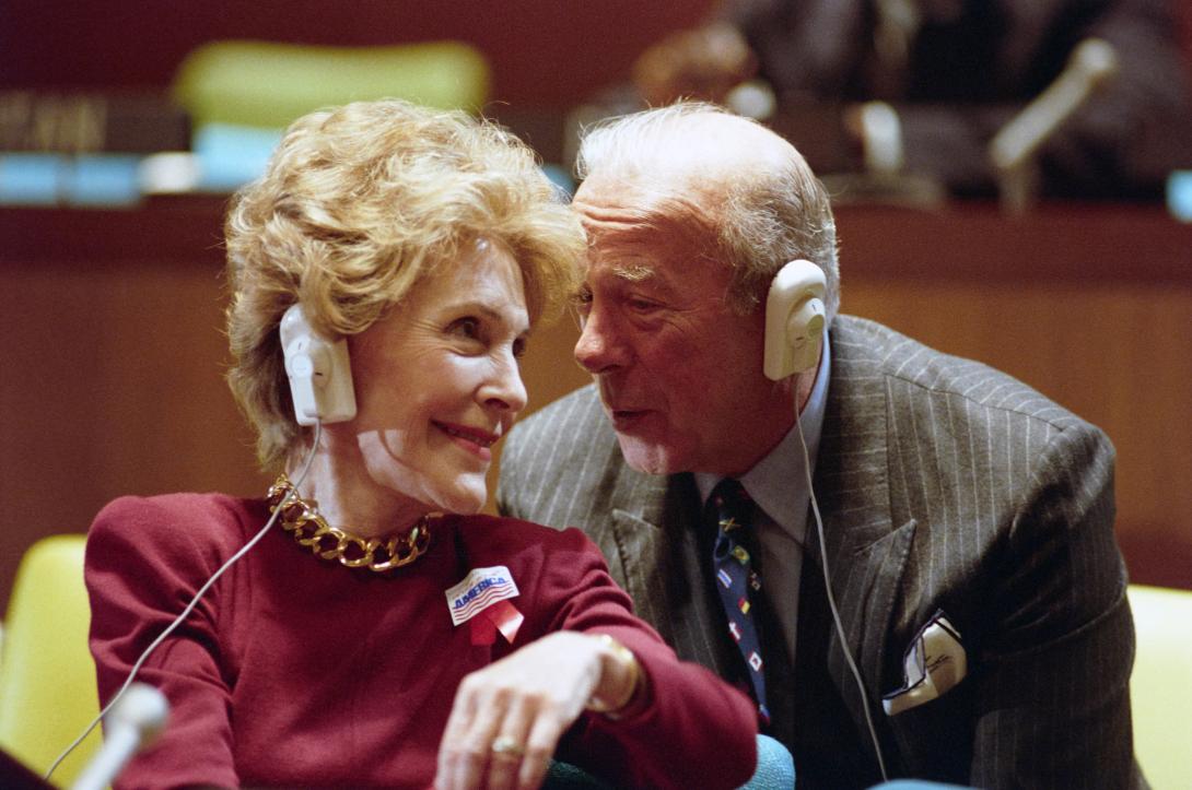 Nancy Reagan and Secretary of State George Shultz at the Third Committee of the United Nations General Assembly in New York City, New York dated 10/25/1988