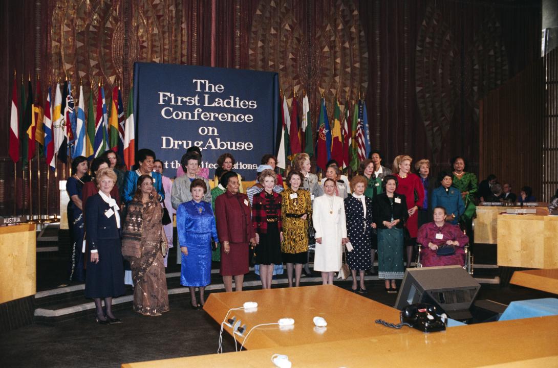 Group photograph at the First Ladies Conference on Drug Abuse at the United Nations dated 10/21/1985