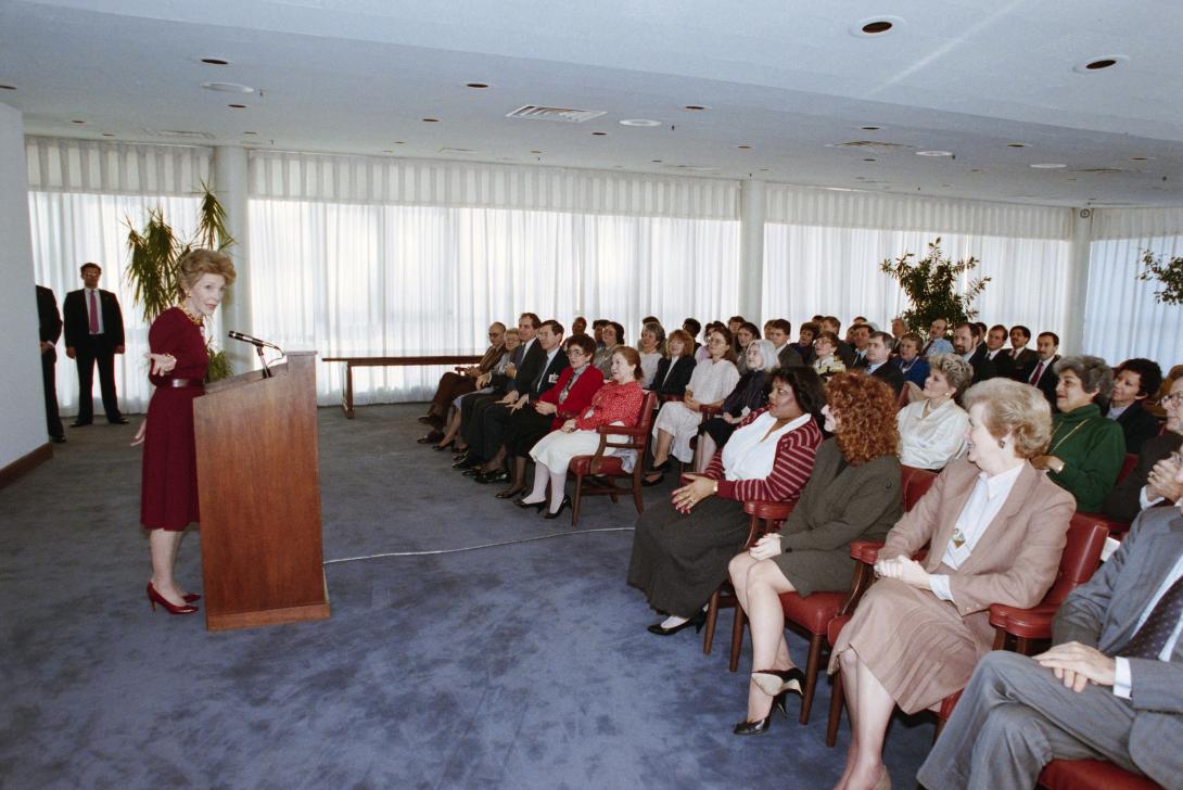 Nancy Reagan speaking at a podium during a visit to the United States Mission to the United Nations dated 10/25/1988