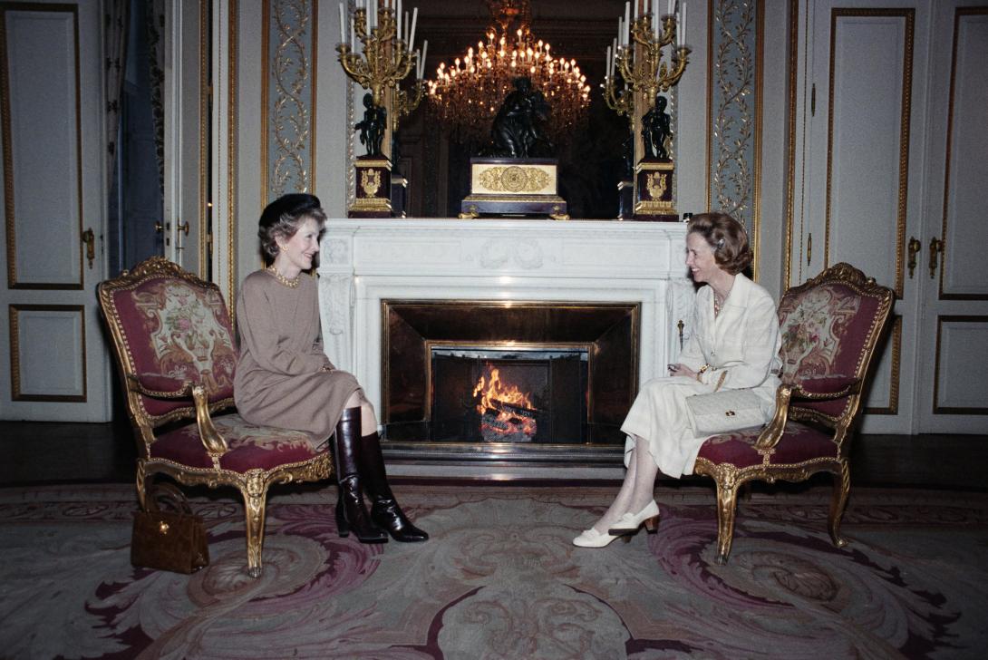 Nancy Reagan having tea with Queen Fabiola of Belgium at Castle of Laeken in Belgium, 11/21/1985