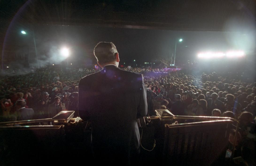 President Ronald Reagan delivering remarks in Perrysburg, Ohio aboard the <em>Ferdinand Magellan</em> railcar during the whistle-stop tour through Ohio 10/12/1984 