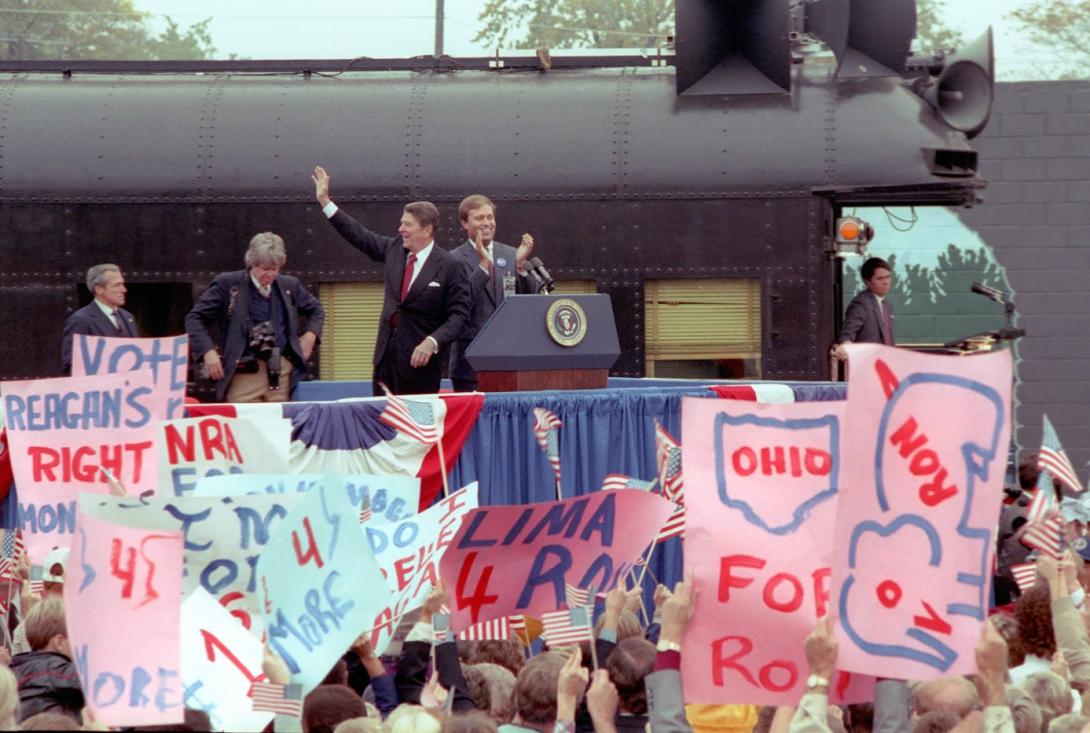 President Ronald Reagan delivering remarks in Lima, Ohio during the whistle-stop tour through Ohio 