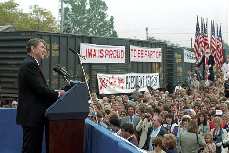 President Ronald Reagan delivering remarks in Lima, Ohio during the whistle-stop tour through Ohio 10/12/1984 