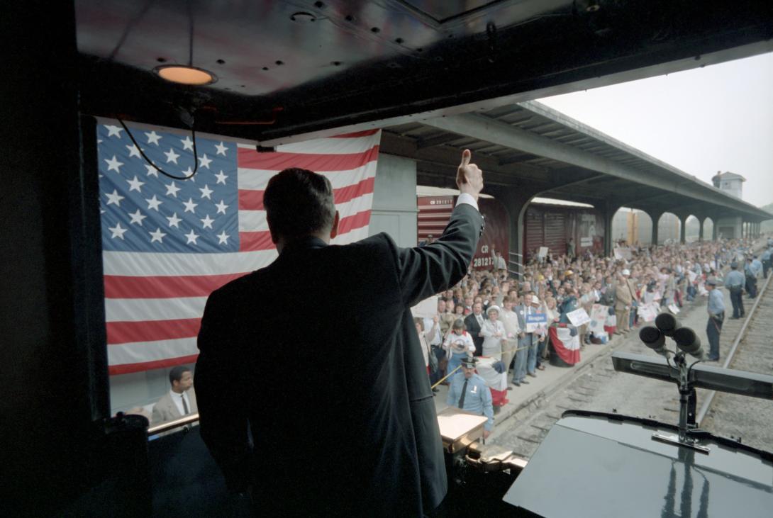 President Ronald Reagan giving a thumbs-up aboard the <em>Ferdinand Magellan </em> railcar during the whistle-stop tour though Ohio 10/12/1984 