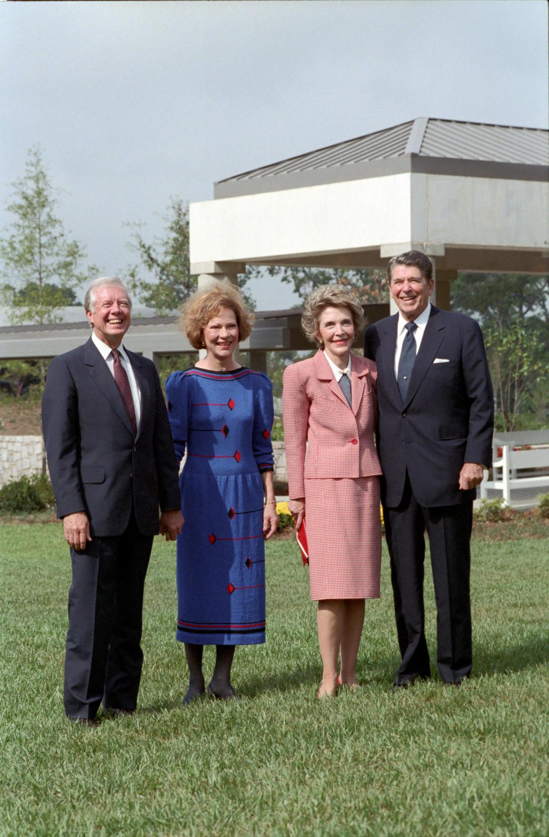 President Reagan and Nancy Reagan with former President Jimmy Carter and Rosalynn Carter at the Dedication Ceremony of Carter Presidential Library in Atlanta, Georgia. (10/01/1986)