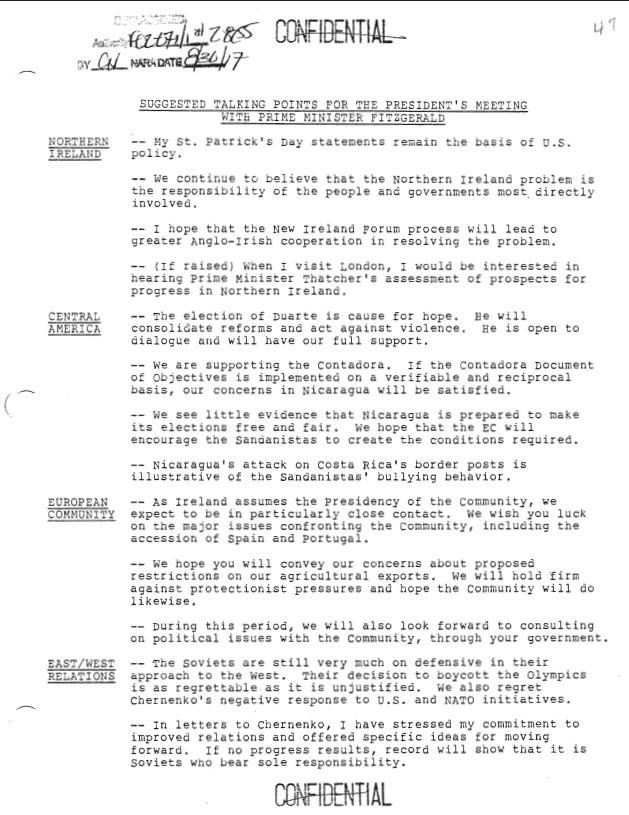 Suggested Talking Points for The President’s Meeting with Prime Minister FitzGerald, Executive Secretariat, NSC: Subject File: Records Box 114 Trip, Presidential-Europe, Normandy, Ireland (Vice President Briefing Book) (06/01/1984-06/10/1984) (1 of 5)