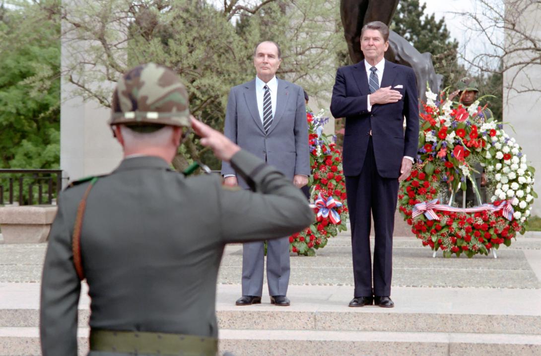 President Ronald Reagan and President Francois Mitterrand attending a 40th Anniversary Of D-Day landings Ceremony at President Ronald Reagan and Nancy Reagan at Normandy American Cemetery and Memorial and it is in Colleville-sur-Mer, France