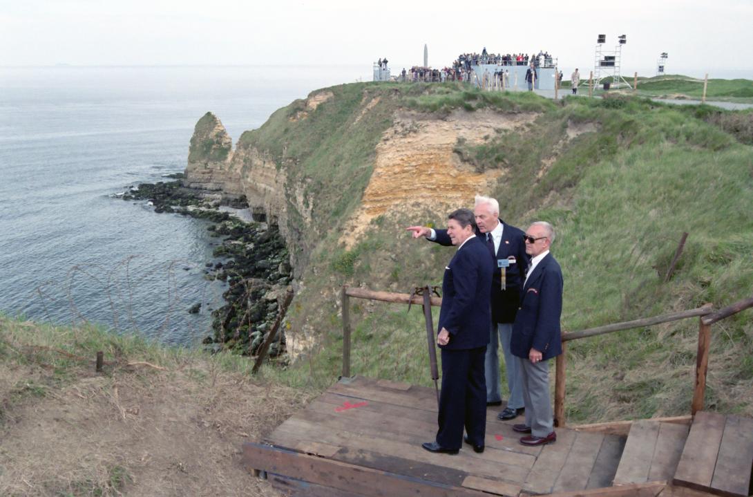 President Ronald Reagan with former U.S. Army Rangers at Pointe du Hoc Normandy France