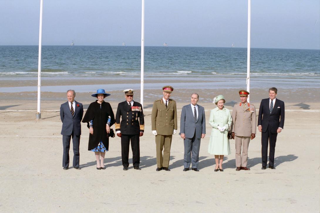 Trip to France 40th Anniversary Of D-Day landings, Ceremony at Utah Beach President Ronald Reagan, Queen Elizabeth II,  President Francois Mitterrand, Queen Beatrix, King Olav V, King Baudoin I, Grand Duke Jean and Pierre Trudeau
