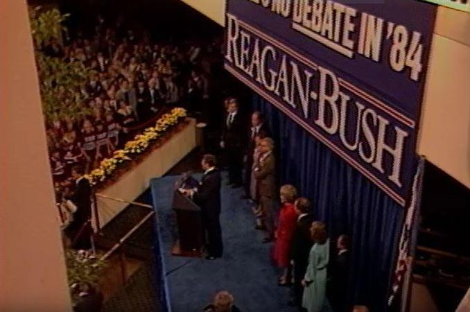 10/07/1984 Master Tape #005 (NAID: 365095721) Trip to Louisville, Kentucky. Arrival of President Ronald Reagan via Air Force One, cuts of a Reagan-Bush Rally with Nancy Reagan at the Atrium Hyatt Regency Hotel, President Ronald Reagan with Jesse Helms boards Air Force One for North Carolina