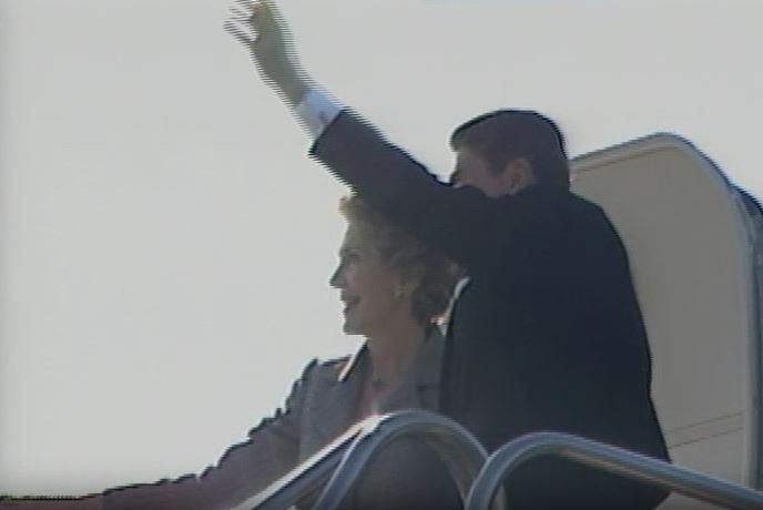 10/21/1984 Master Tape #060 (NAID: 137878426) Trip to Missouri. Arrival and cuts of the Reagan-Bush Rally at the Westin Crown Cener Hotel. President Ronald Reagan’s remarks to the press and then departure in Kansas City on October 21-22, 1984